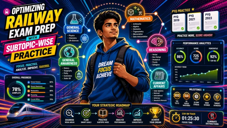 Modern pop-art illustration of a railway exam aspirant using subtopic-wise practice with PYQs, progress analytics, and smart preparation strategies for Railway exams 2026.