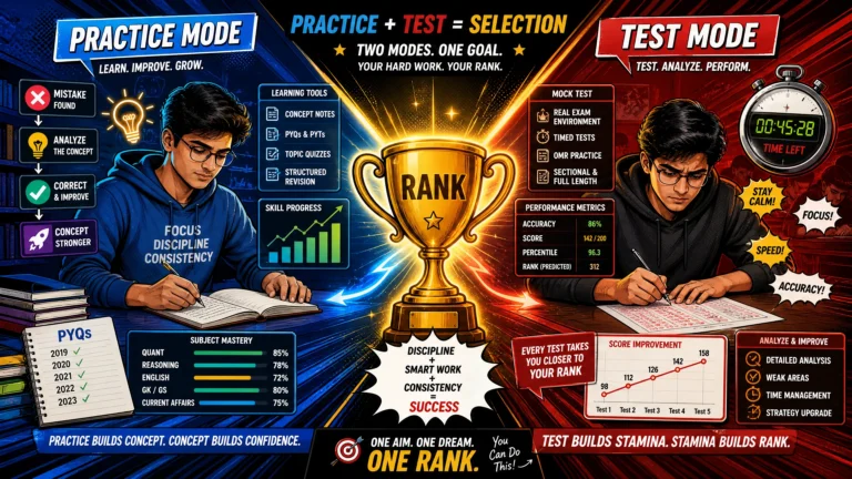 Pop-art illustration of an Indian exam aspirant comparing practice mode and test mode preparation, with both approaches leading toward a rank trophy through learning and mock-test performance.