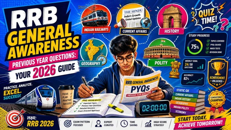 Modern pop-art illustration of an RRB aspirant practicing General Awareness previous year questions for RRB exams 2026 with colorful current affairs and railway exam preparation graphics.