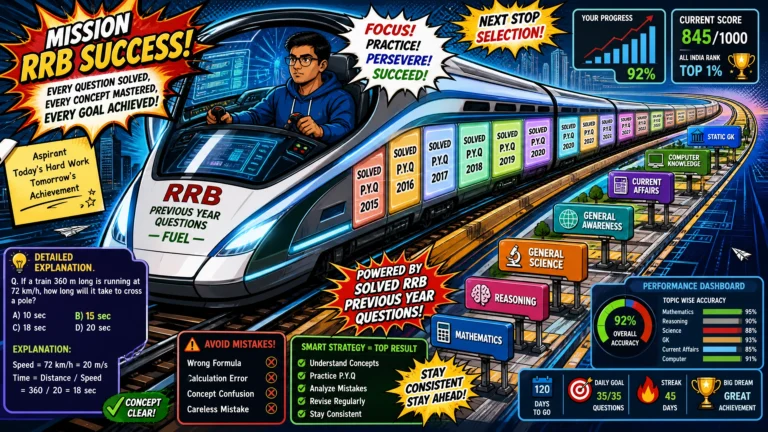 Indian railway exam aspirant practicing real RRB previous year questions with detailed solutions, answer explanations, performance analytics, and topic-wise preparation for Railway Recruitment Board exams.