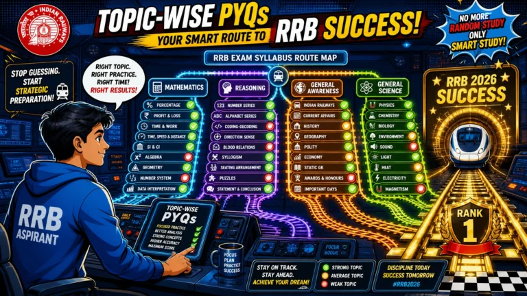 Pop-art illustration of an RRB aspirant using a railway-themed digital dashboard to practice topic-wise previous year questions across Mathematics, Reasoning, General Awareness, and General Science, highlighting structured preparation for RRB 2026.