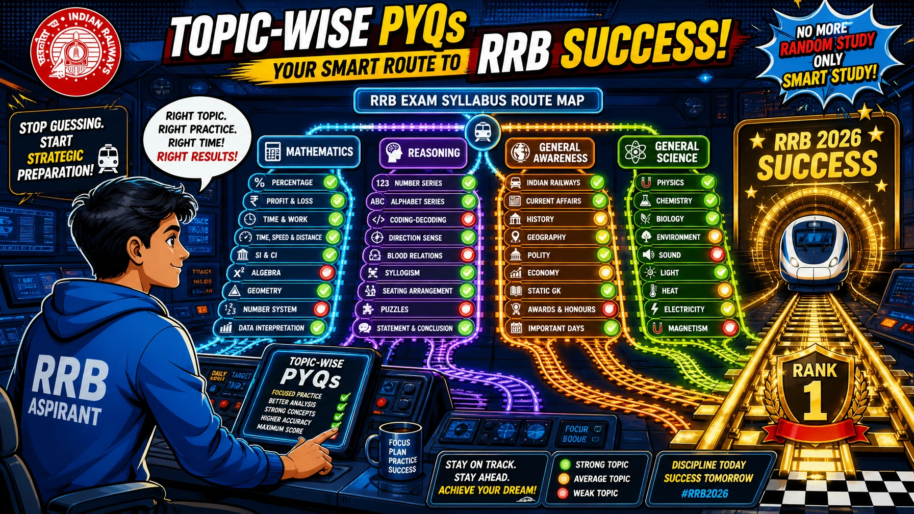 Pop-art illustration of an RRB aspirant using a railway-themed digital dashboard to practice topic-wise previous year questions across Mathematics, Reasoning, General Awareness, and General Science, highlighting structured preparation for RRB 2026.