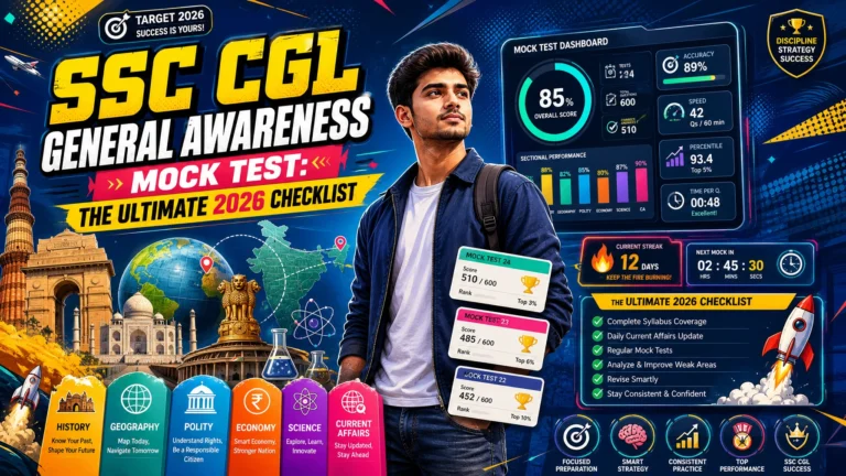 Modern pop-art illustration of an SSC CGL aspirant taking a General Awareness mock test with checklist items, score analytics, and topic-wise preparation graphics for SSC CGL 2026.