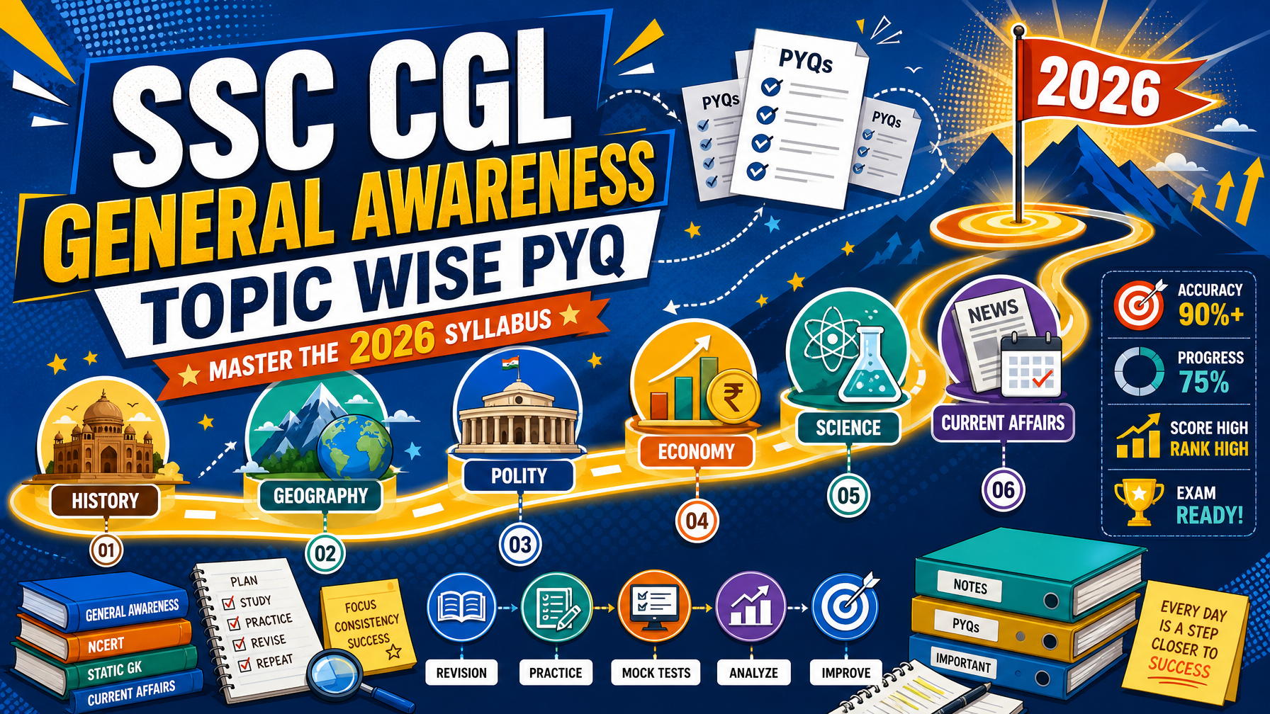 Modern pop-art illustration showing a visual roadmap of the SSC CGL General Awareness syllabus with topic-wise PYQs for History, Geography, Polity, Economy, Science, and Current Affairs. Educational icons, books, progress indicators, and a 2026 goal highlight structured exam preparation and revision.
