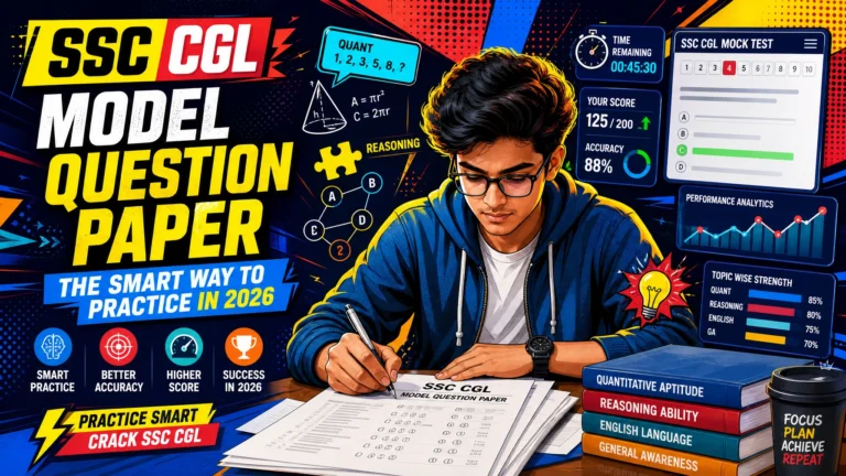 Modern pop-art illustration of an SSC CGL aspirant practicing model question papers and mock tests for SSC CGL 2026 with colorful educational graphics and exam preparation elements.