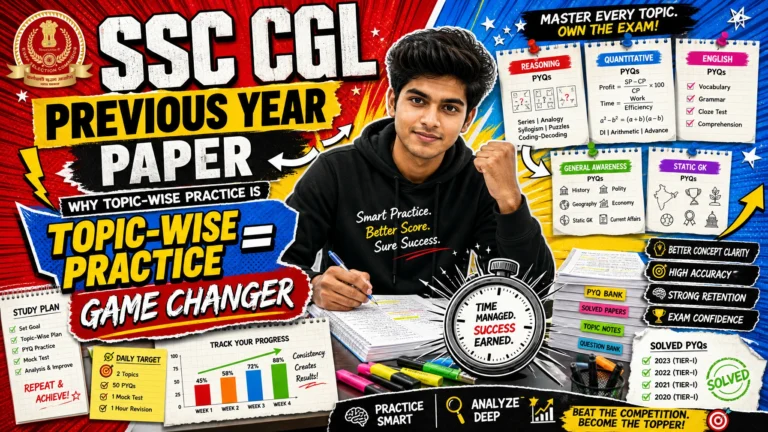 Modern pop-art illustration of an Indian SSC CGL aspirant practicing topic-wise previous year questions with quant, reasoning, English, and GK study materials, colorful educational poster design showing strategic SSC exam preparation and score improvement visuals.