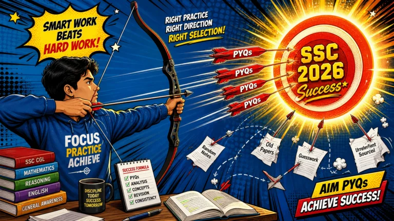 Modern pop art illustration of an Indian SSC aspirant aiming arrows labeled “PYQs” at a glowing bullseye representing SSC 2026 success, while random practice papers miss the target in the background. Bright comic-style colors and dynamic motivational exam preparation theme.