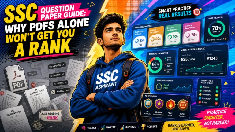Modern pop-art illustration showing why SSC question paper PDFs alone are not enough, featuring an SSC aspirant using smart practice tools, mock tests, and performance analytics for SSC exam preparation.