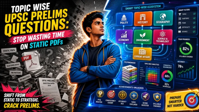 Modern pop-art illustration of a UPSC aspirant switching from static PDFs to topic-wise UPSC Prelims PYQ practice with colorful analytics, subject cards, and smart preparation tools.