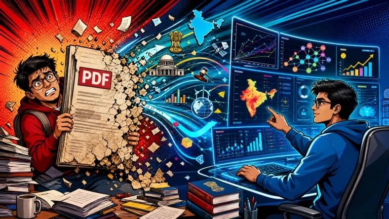 Modern pop art illustration showing UPSC aspirants comparing outdated static PDF study material with dynamic previous year question trend analysis and data-driven exam preparation for UPSC Prelims 2026.