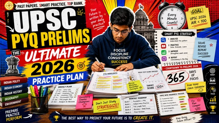 Modern pop-art illustration of an Indian UPSC aspirant studying previous year questions (PYQs) with strategic 2026 prelims preparation plan, colorful editorial educational poster design with notes, mock tests, and exam-planning visuals.