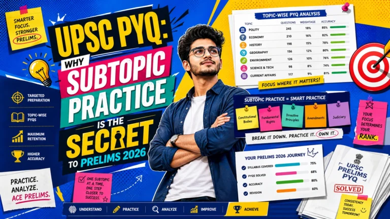 Modern pop-art illustration of a UPSC aspirant practicing subtopic-wise previous year questions for UPSC Prelims 2026 with colorful educational graphics and PYQ strategy elements.