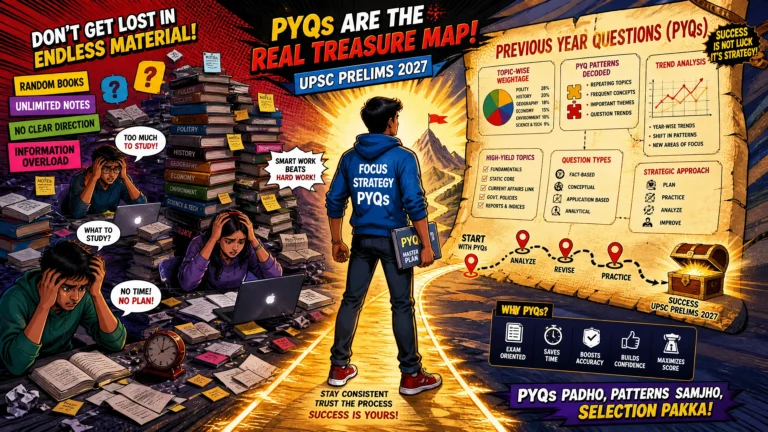 Pop-art illustration of a UPSC aspirant using previous year question analysis as a clear path to success while other students struggle with excessive study material and random preparation strategies.