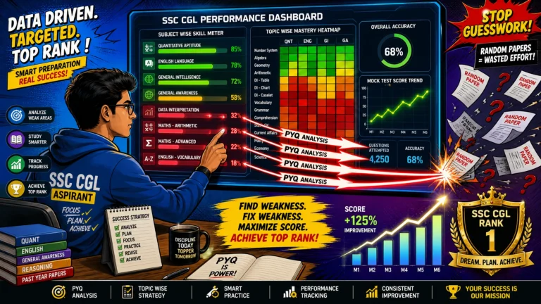 Pop-art illustration of an SSC CGL aspirant using PYQKosh analytics to identify weak subtopics and improve exam performance through targeted preparation instead of guesswork.